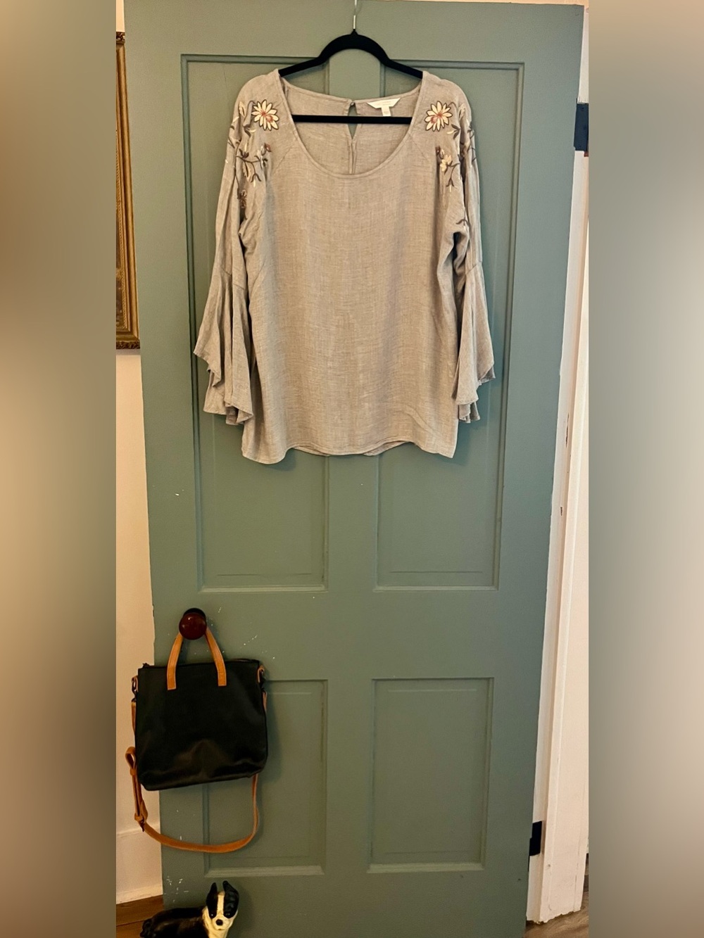 LC Lauren Conrad Light Gray Embroidered Bell-Sleeve Blouse
